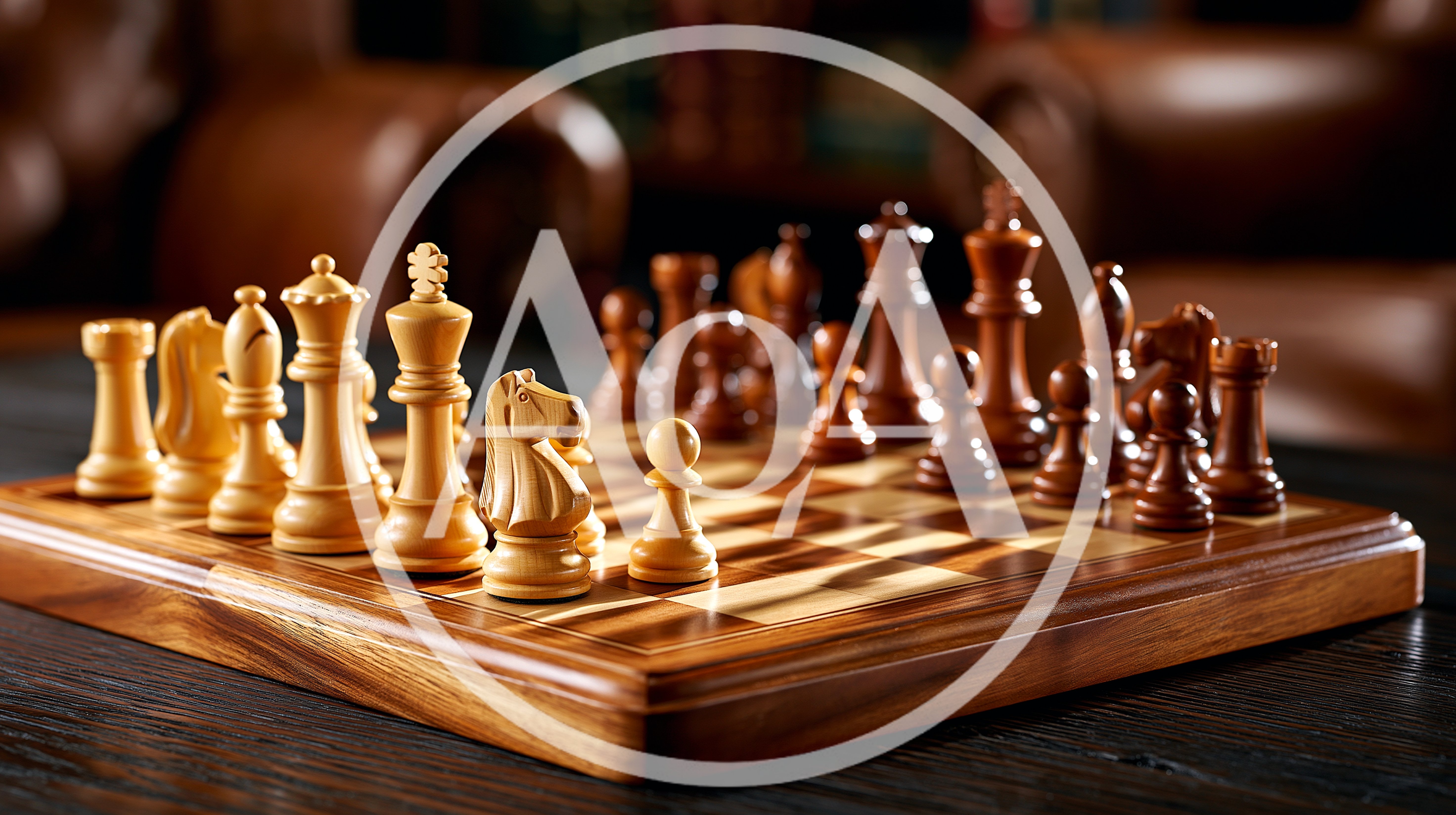 Wooden Chess Set Arranged On A Polished Board