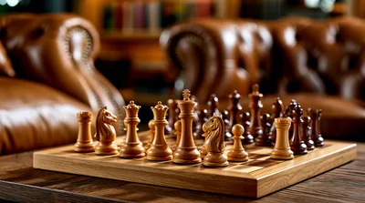 Wooden Chess Set On A Table In A Library
