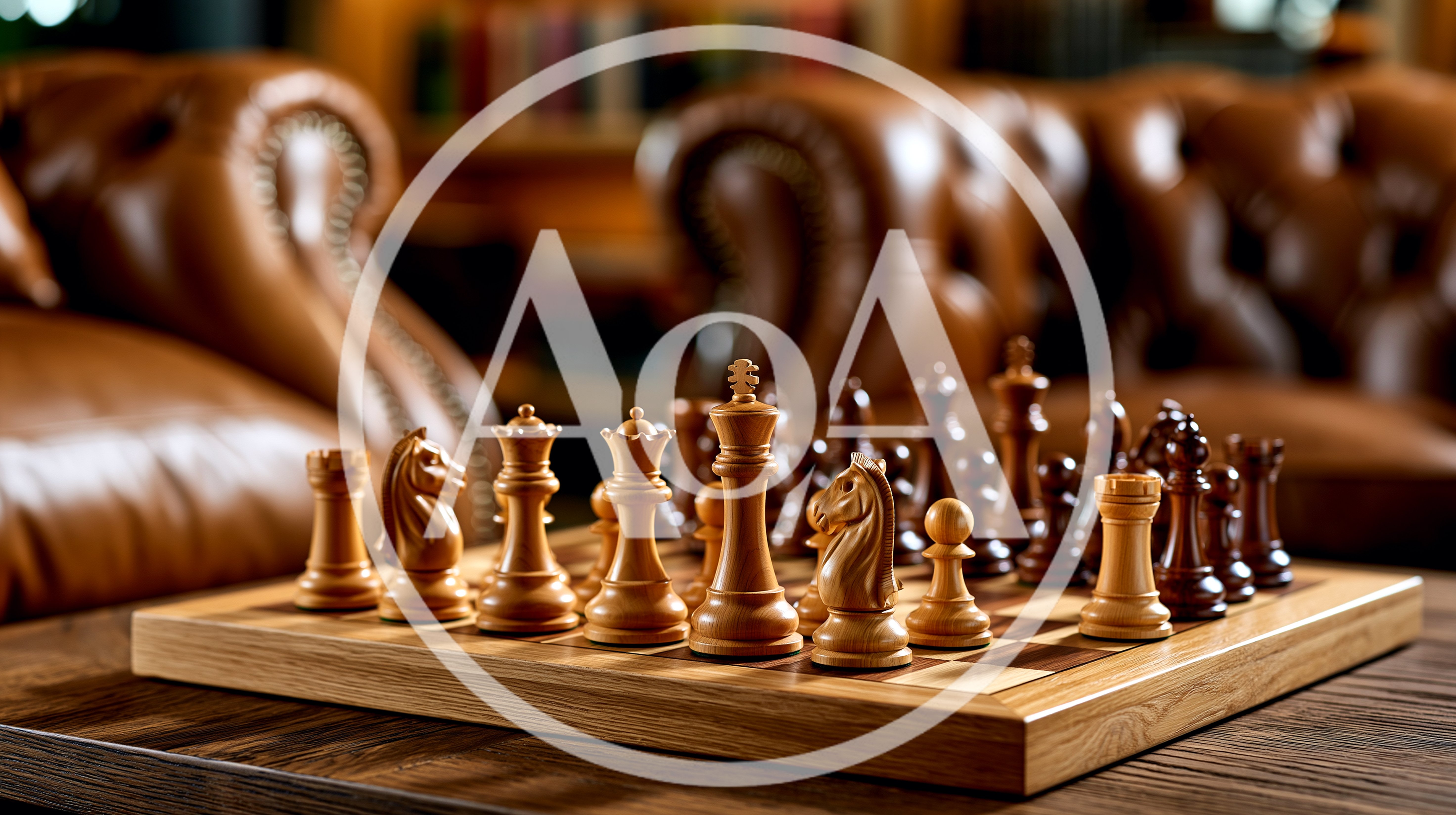 Wooden Chess Set On A Table In A Library