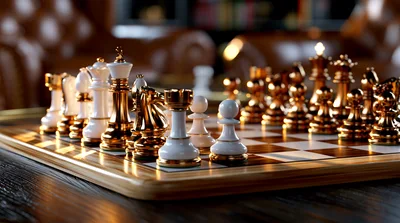 Luxury Gold and White Chess Pieces on Wooden Board