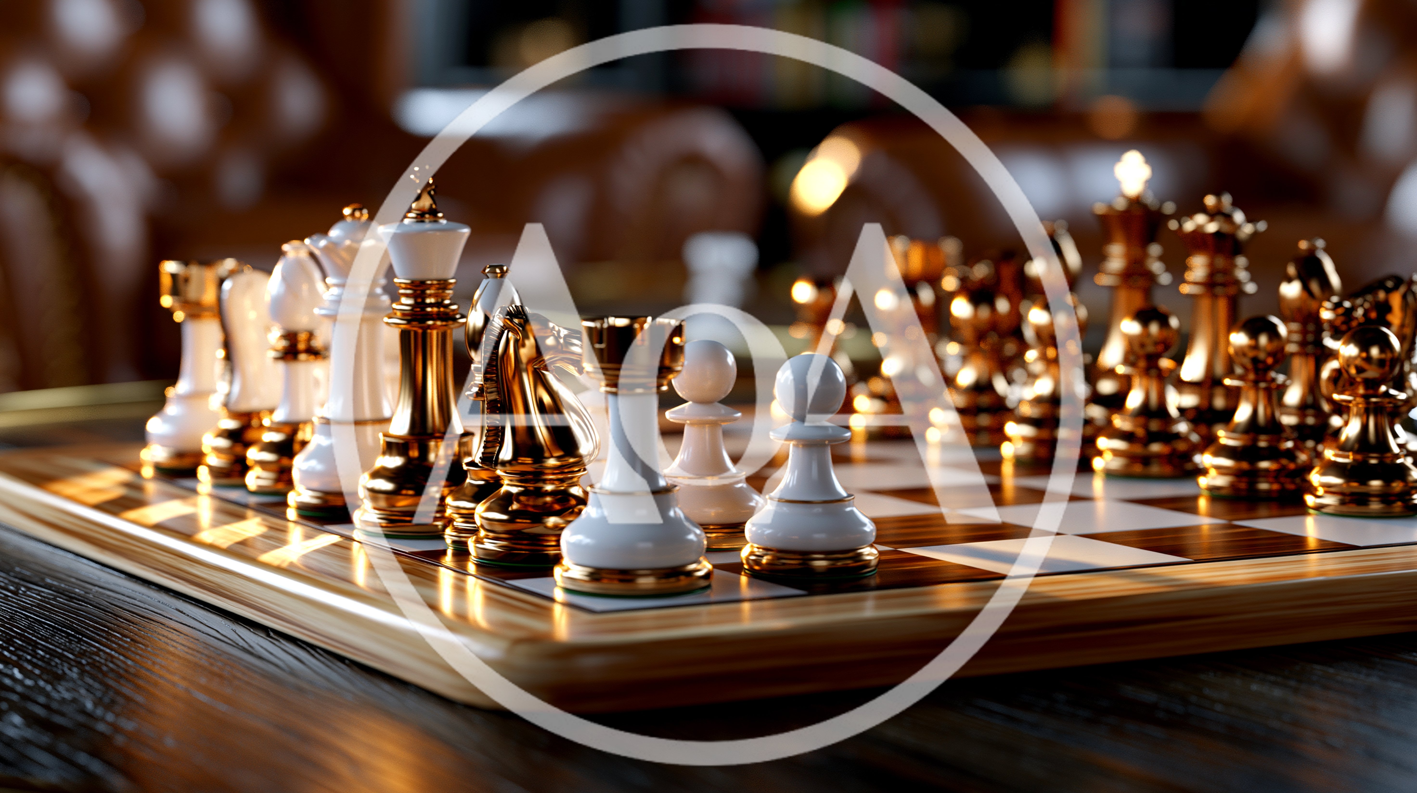 Luxury Gold and White Chess Pieces on Wooden Board