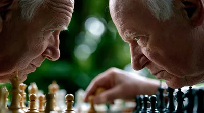 Two Elderly Men Playing Chess Outdoors