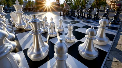 Giant Chess Pieces On An Outdoor Board