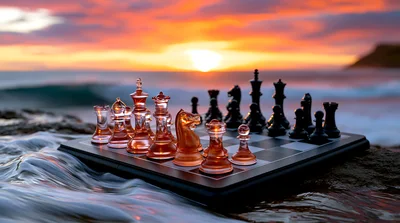 Glass Chess Set On A Rocky Beach At Sunset