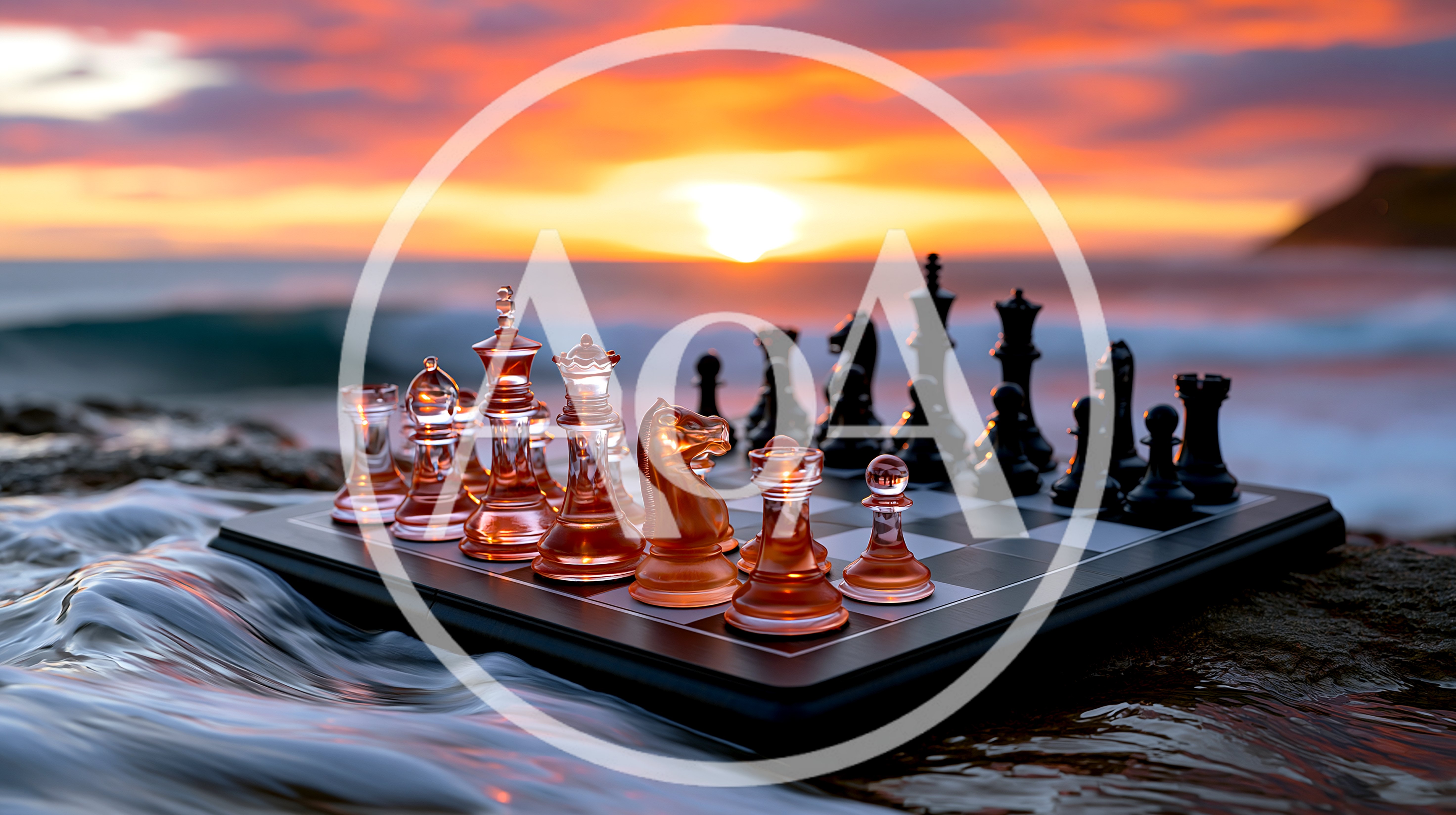 Glass Chess Set On A Rocky Beach At Sunset