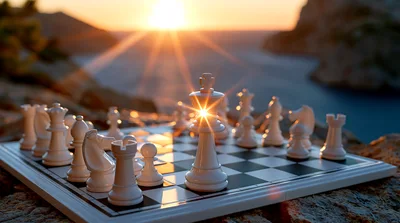 White Chess Pieces On Board At Sunset
