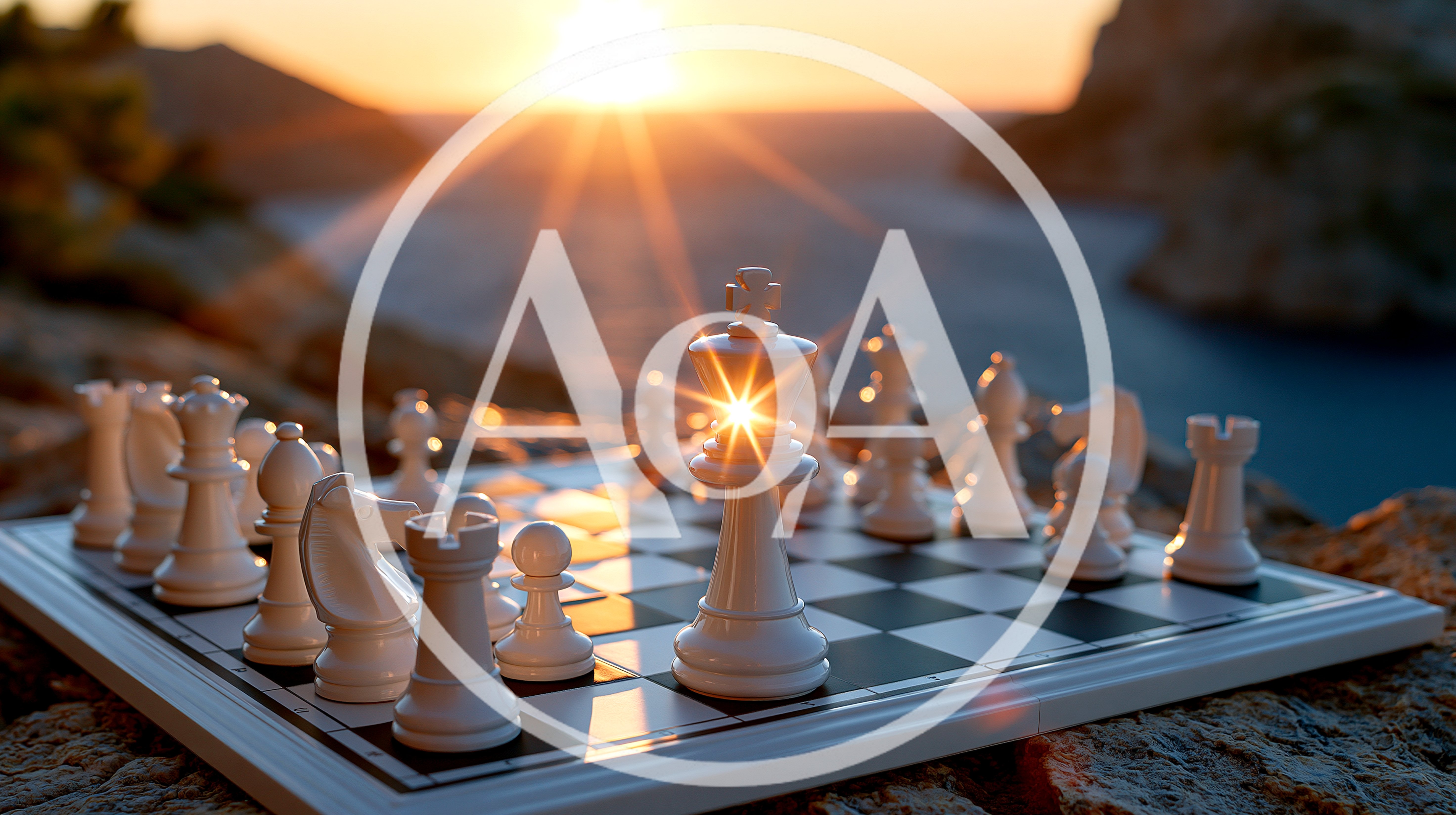White Chess Pieces On Board At Sunset