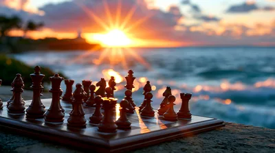 Chess Board Set On Stone Wall At Sunset