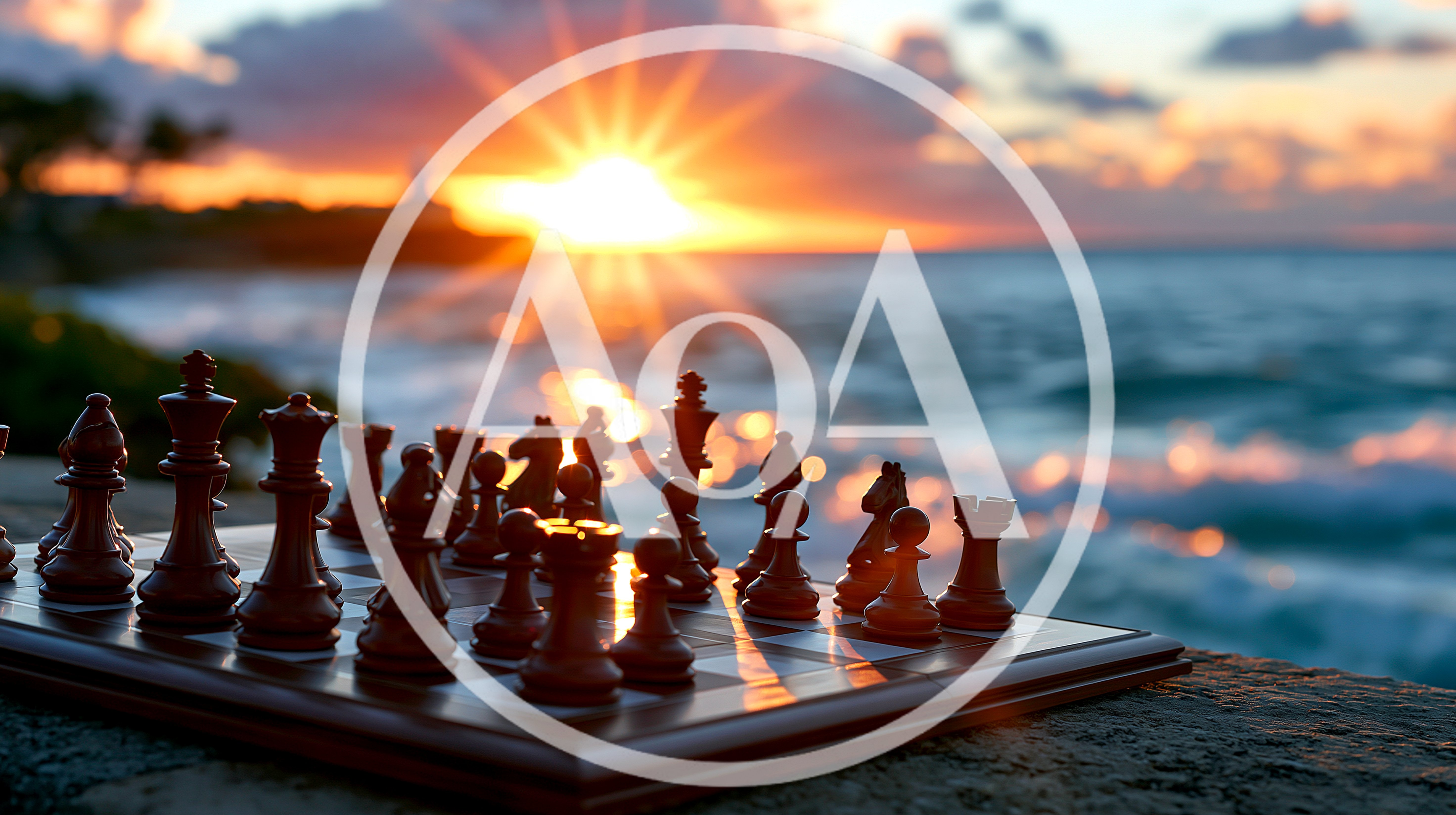 Chess Board Set On Stone Wall At Sunset
