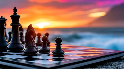Black Chess Pieces on Board at Sunset