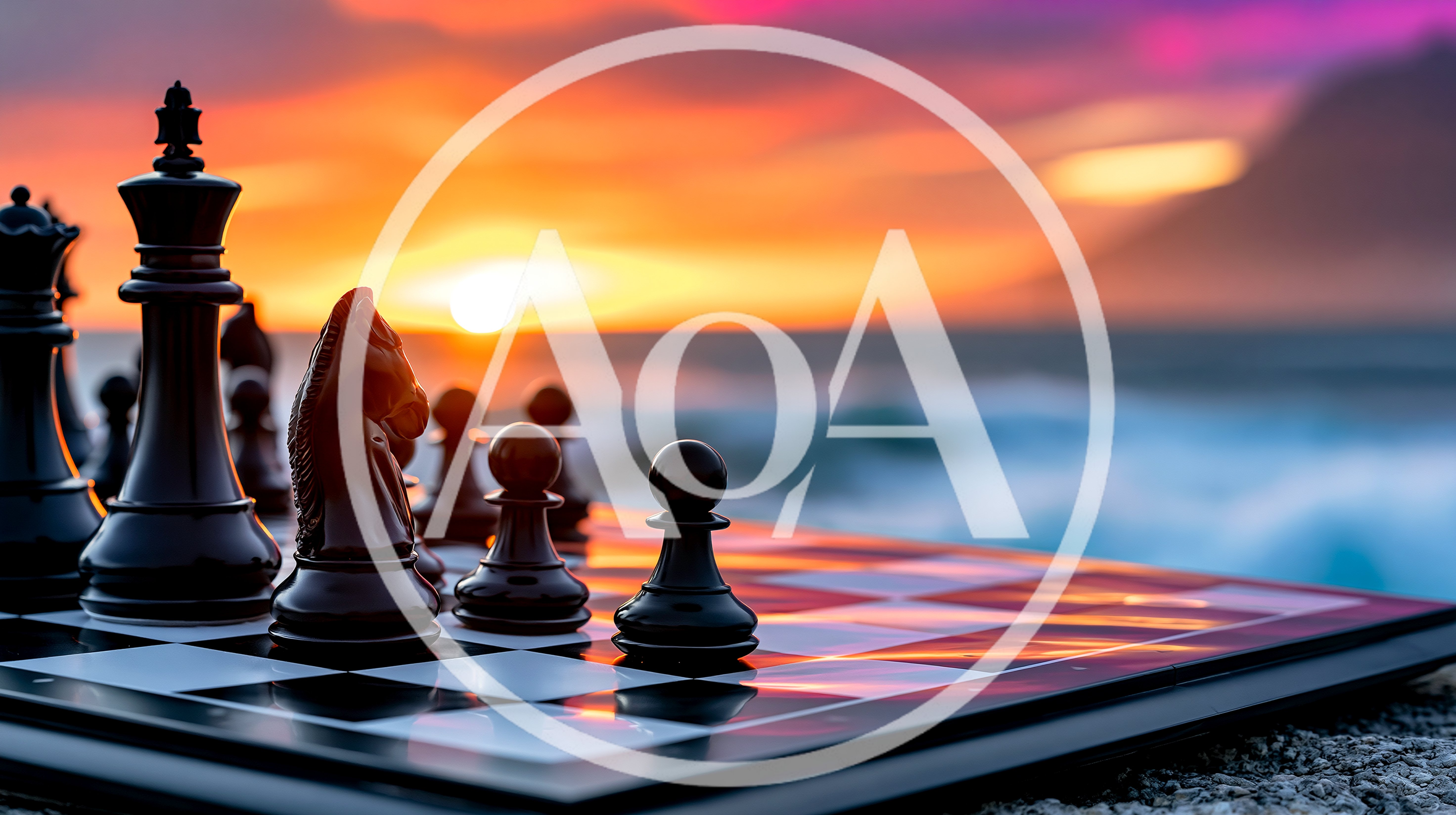 Black Chess Pieces on Board at Sunset
