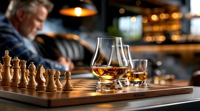 Mature Man Playing Chess With Whiskey In Lounge