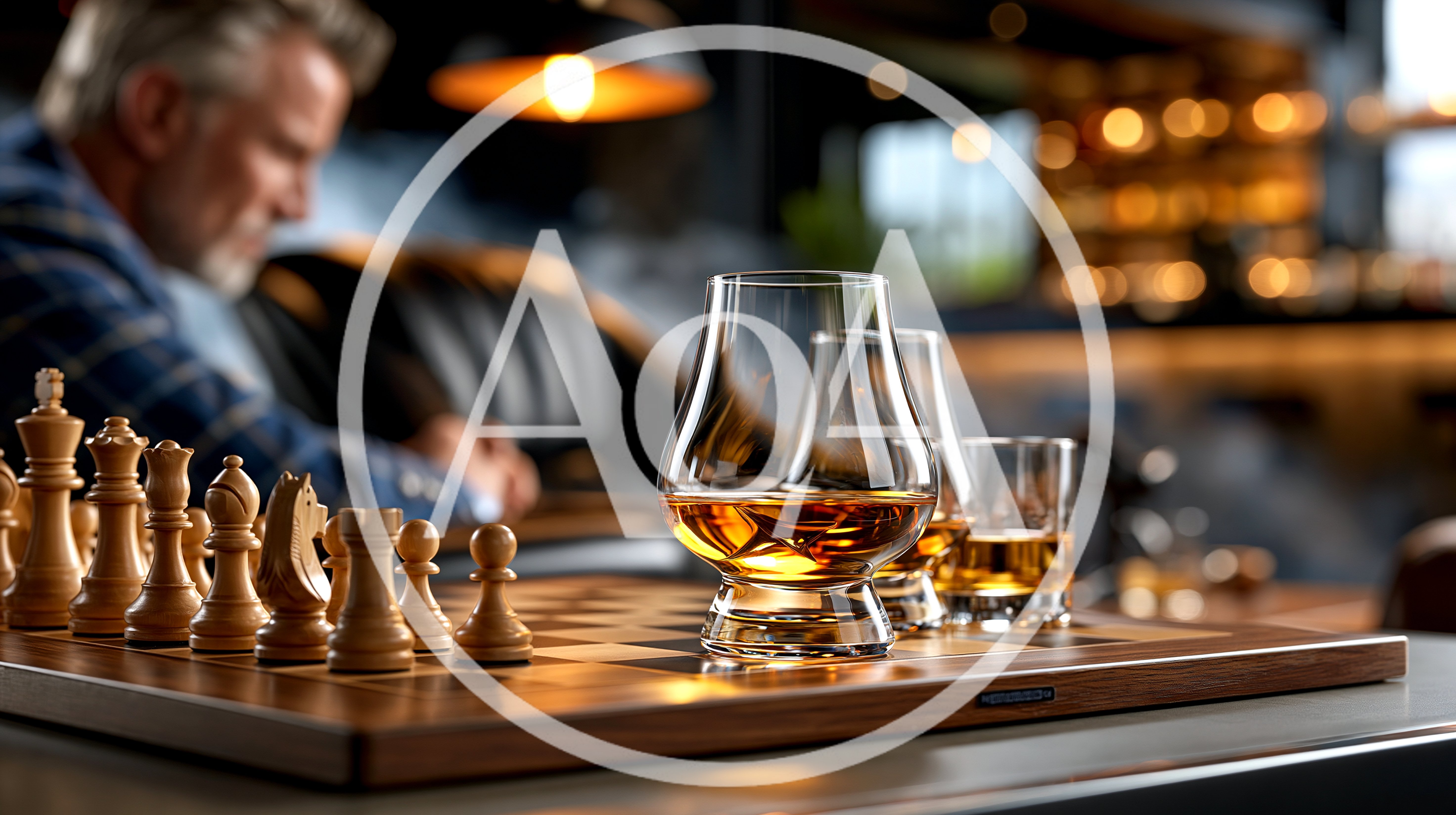 Mature Man Playing Chess With Whiskey In Lounge