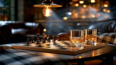 Chess Board And Whiskey Glasses In A Dimly Lit Lounge
