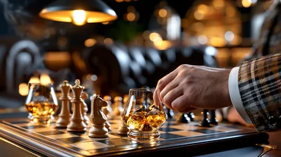 Man Playing Chess With Whiskey In Luxury Lounge
