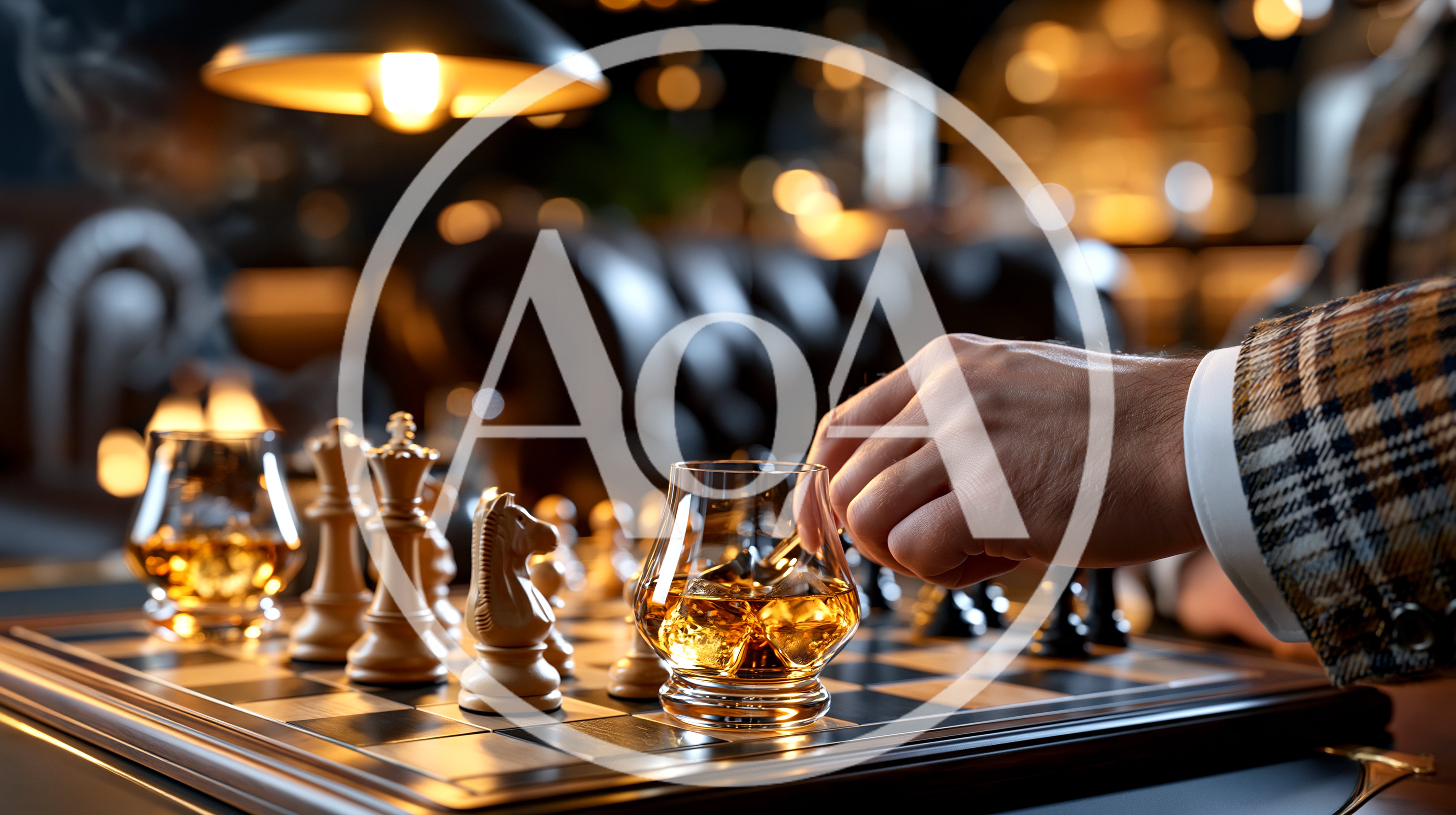Man Playing Chess With Whiskey In Luxury Lounge