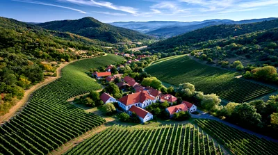 Aerial View Of A Vineyard Estate In A Valley