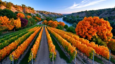 Aerial View Of Vibrant Autumn Vineyard And River