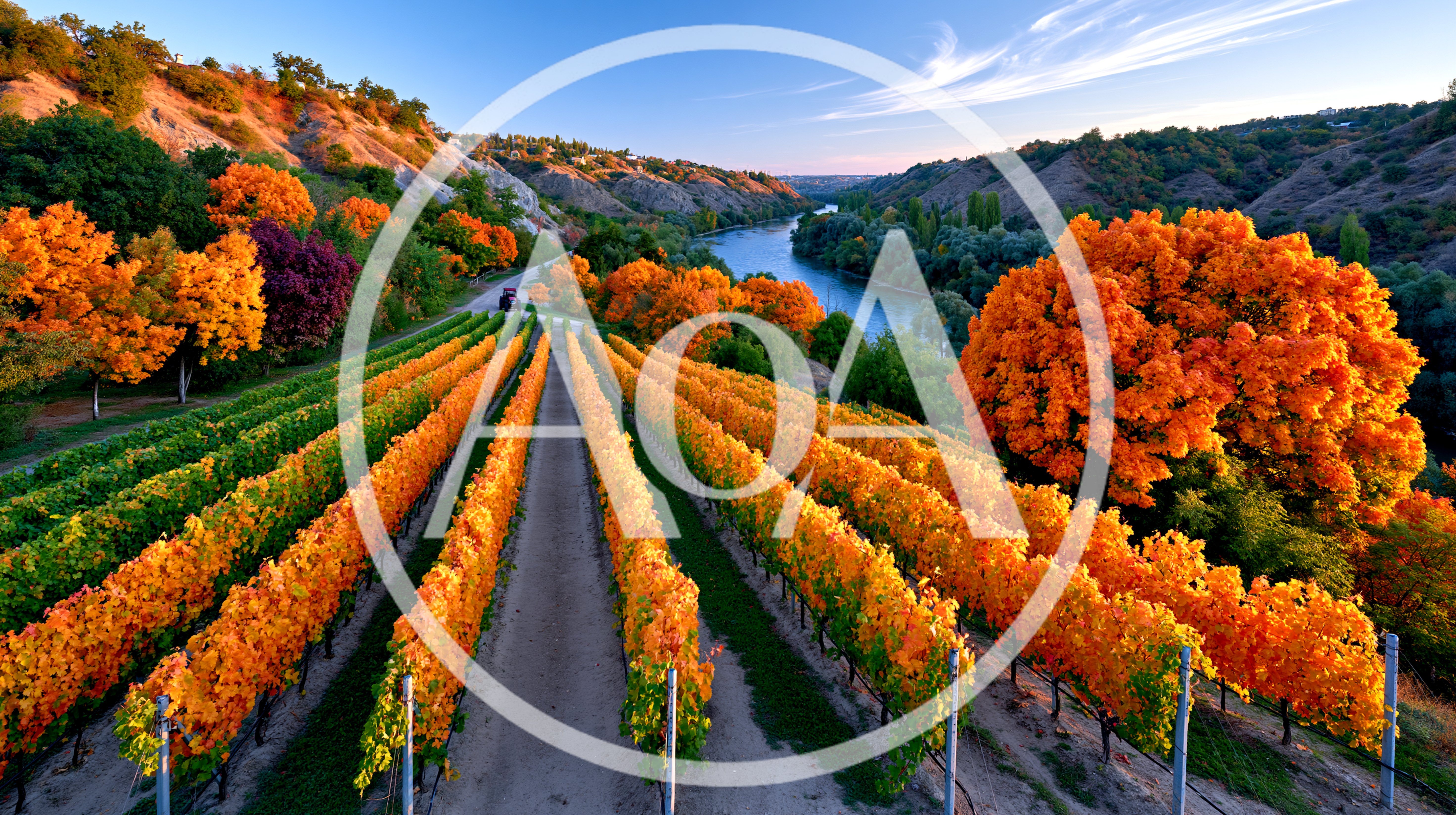 Aerial View Of Vibrant Autumn Vineyard And River