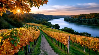 Golden Autumn Vineyard Overlooking A River At Sunset