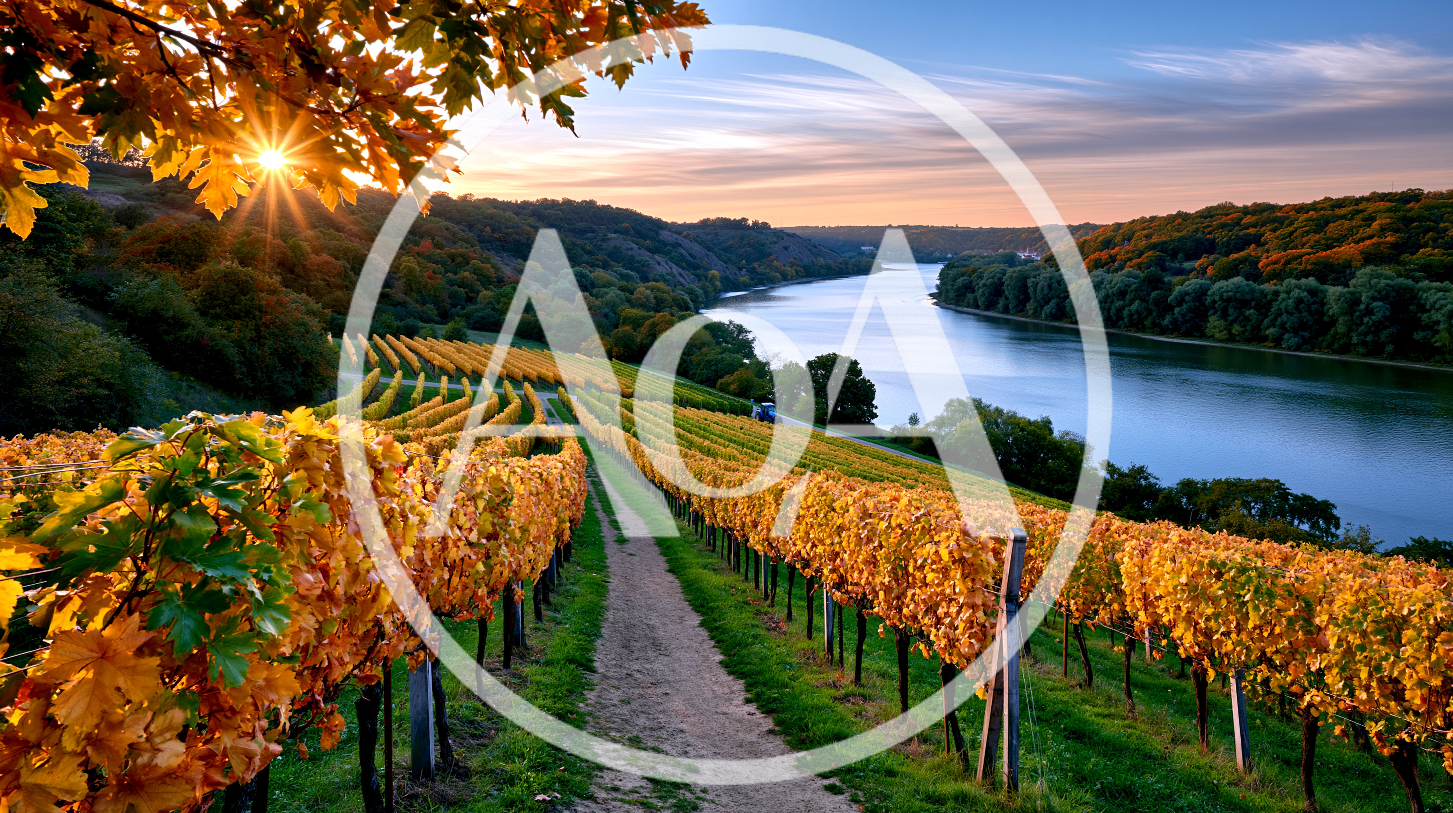 Golden Autumn Vineyard Overlooking A River At Sunset