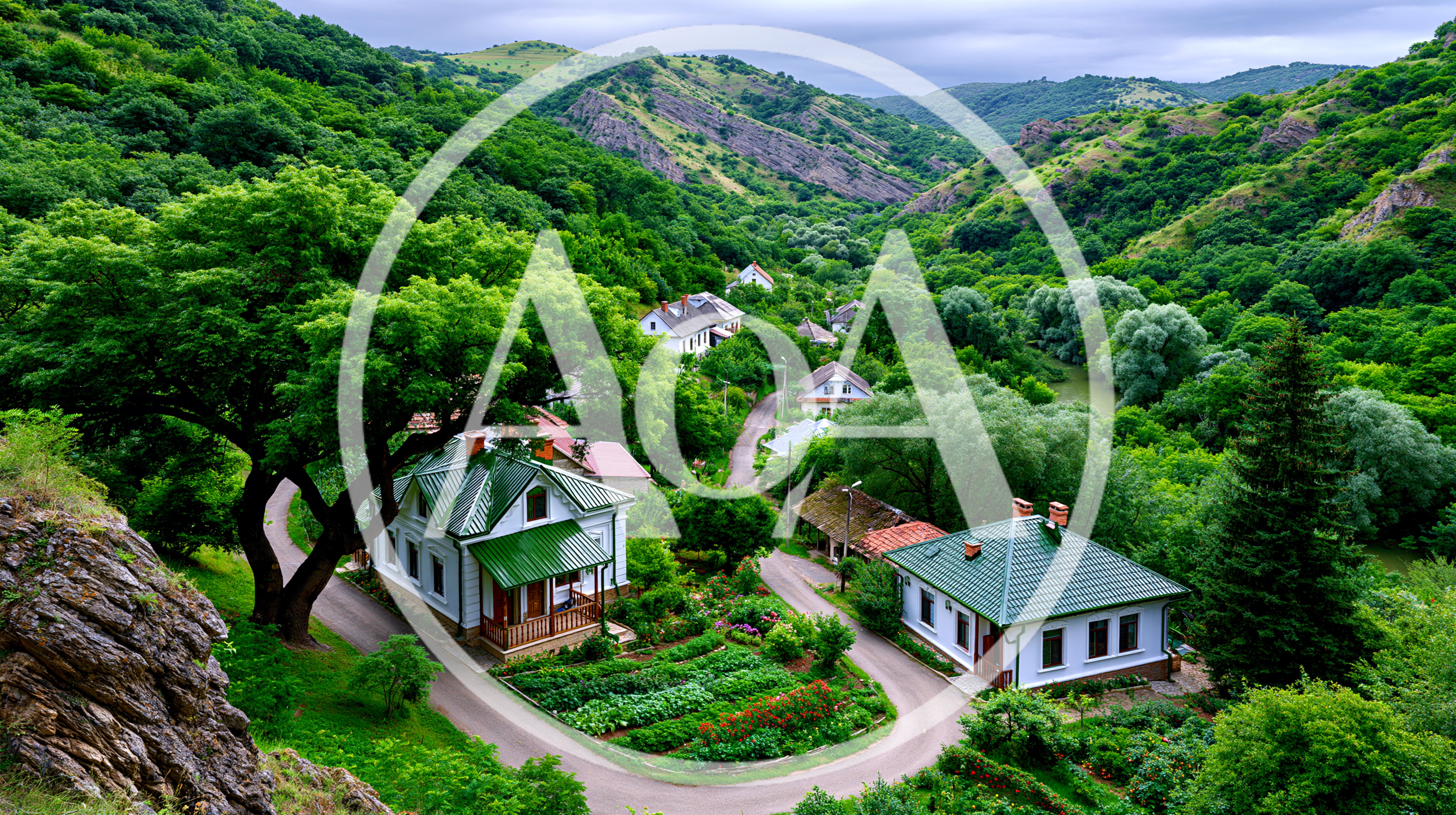 Picturesque Village Houses Nestled In A Lush Green Valley