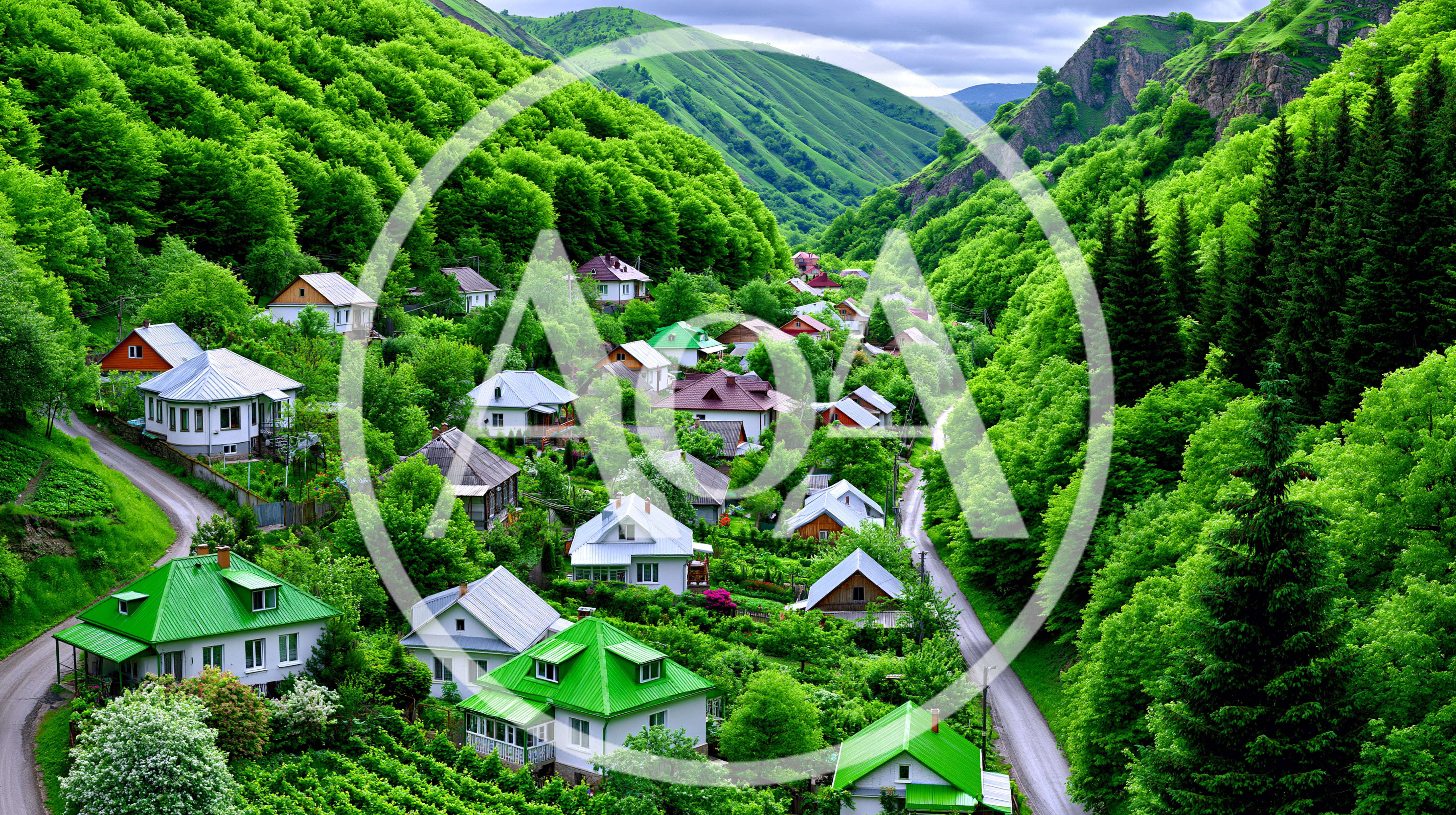 Picturesque Village Nestled In A Lush Green Mountain Valley