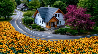 Charming House Beside A Winding Road And Sunflower Field