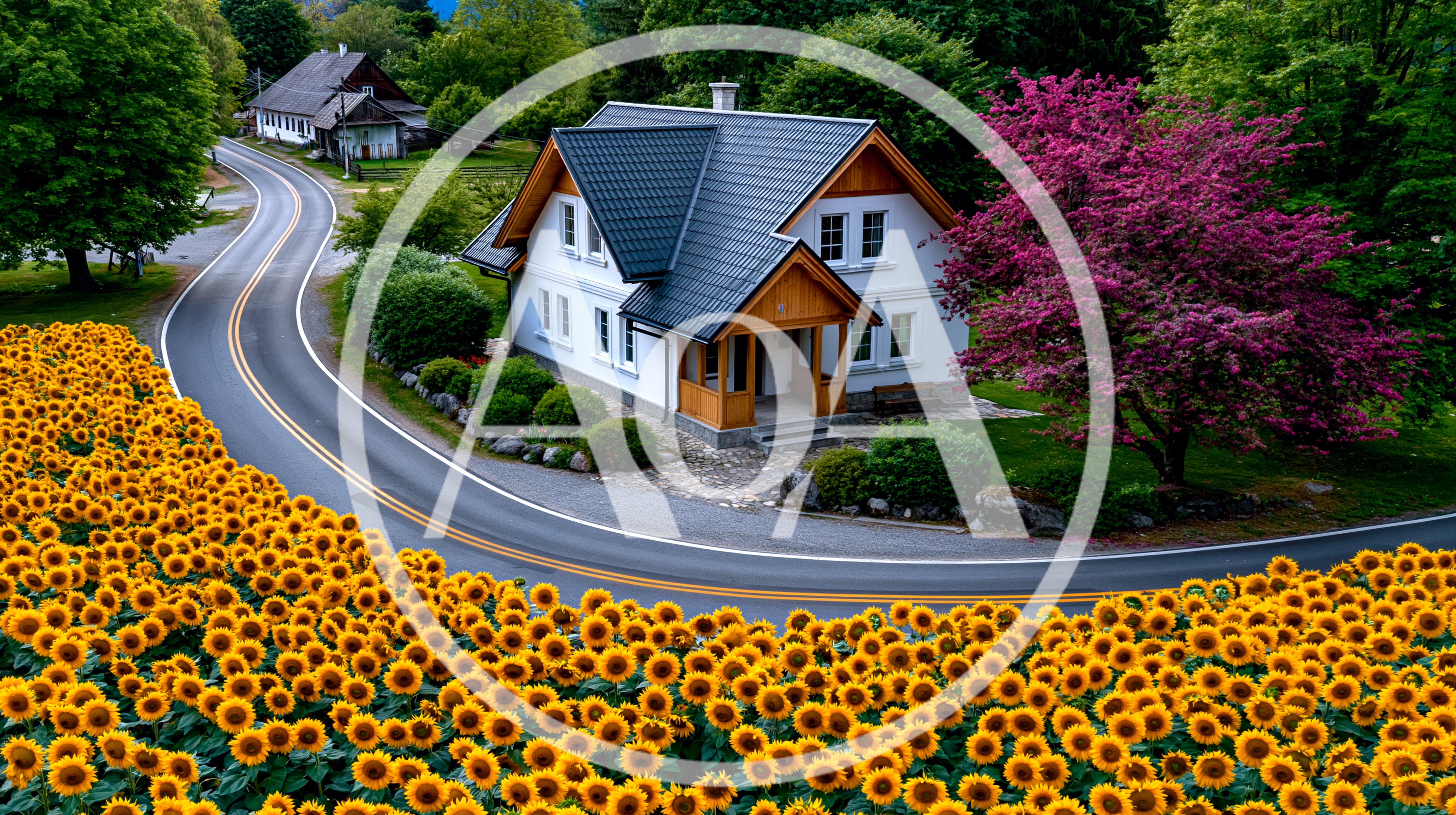 Charming House Beside A Winding Road And Sunflower Field