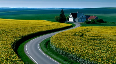 Winding Road Through Vibrant Yellow Rapeseed Fields