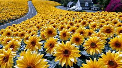 Vibrant Sunflower Field Beside A Winding Country Road