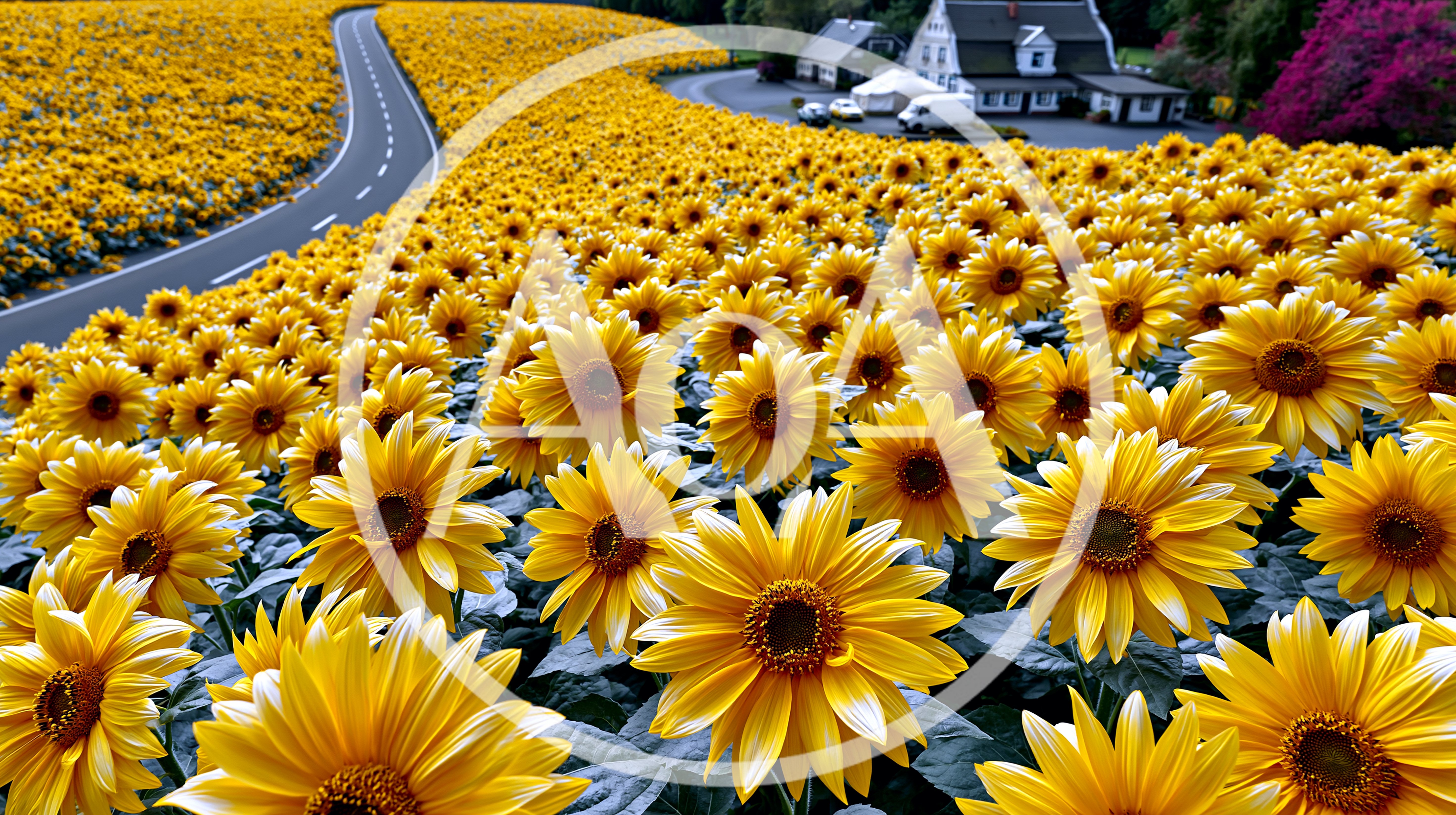 Vibrant Sunflower Field Beside A Winding Country Road