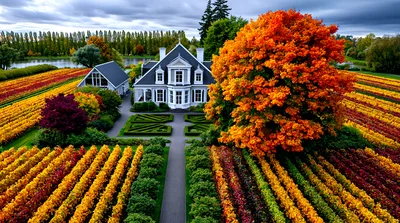 Aerial View Of A Country Estate With Autumn Gardens