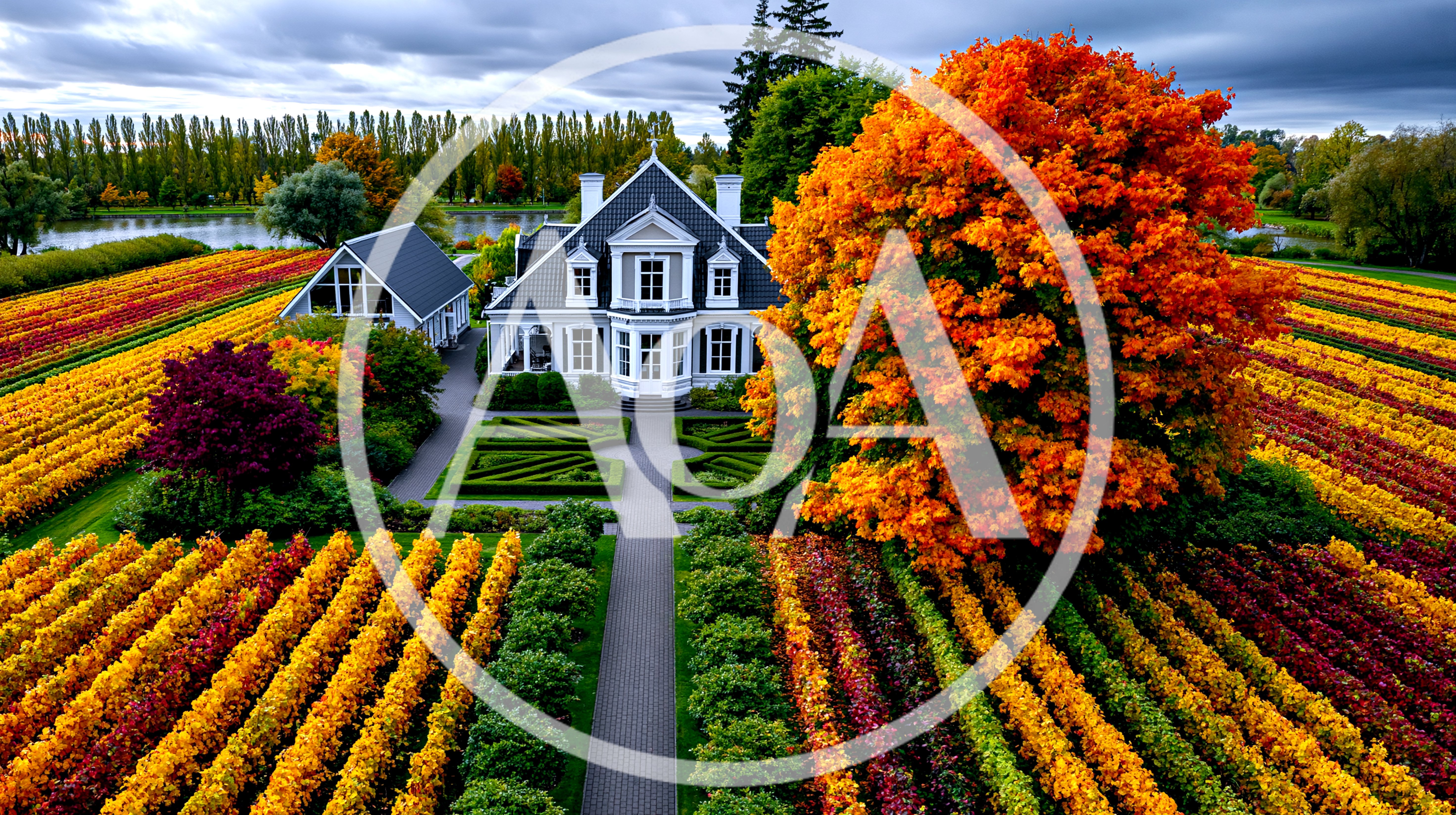 Aerial View Of A Country Estate With Autumn Gardens
