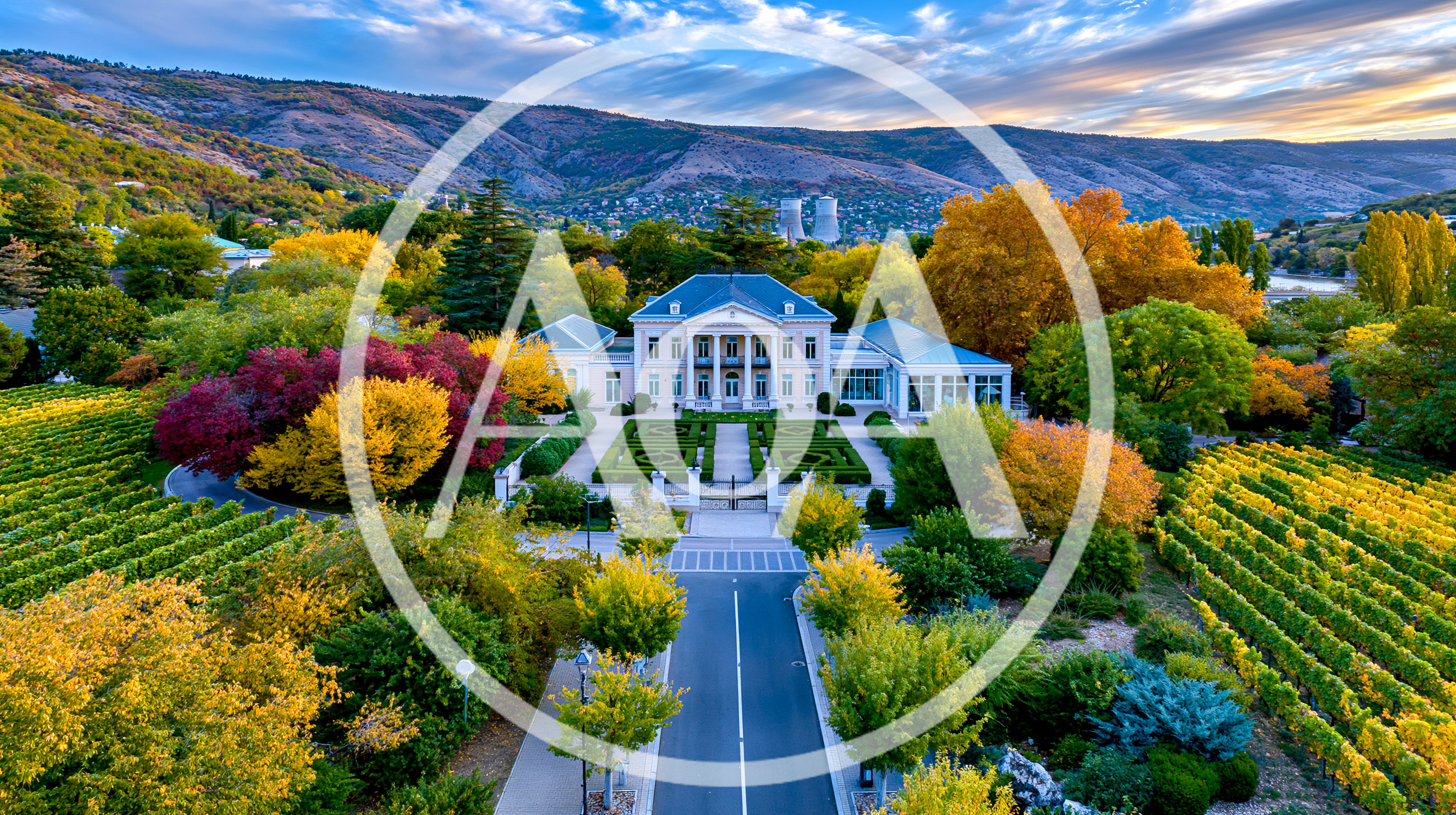 Aerial View Of A Grand Estate Vineyard In Autumn