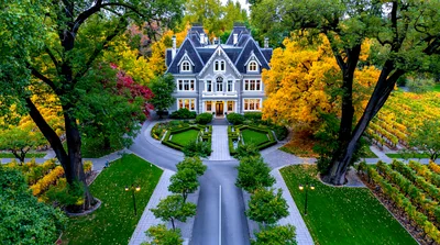 Aerial View Of A Grand Victorian Mansion In Autumn