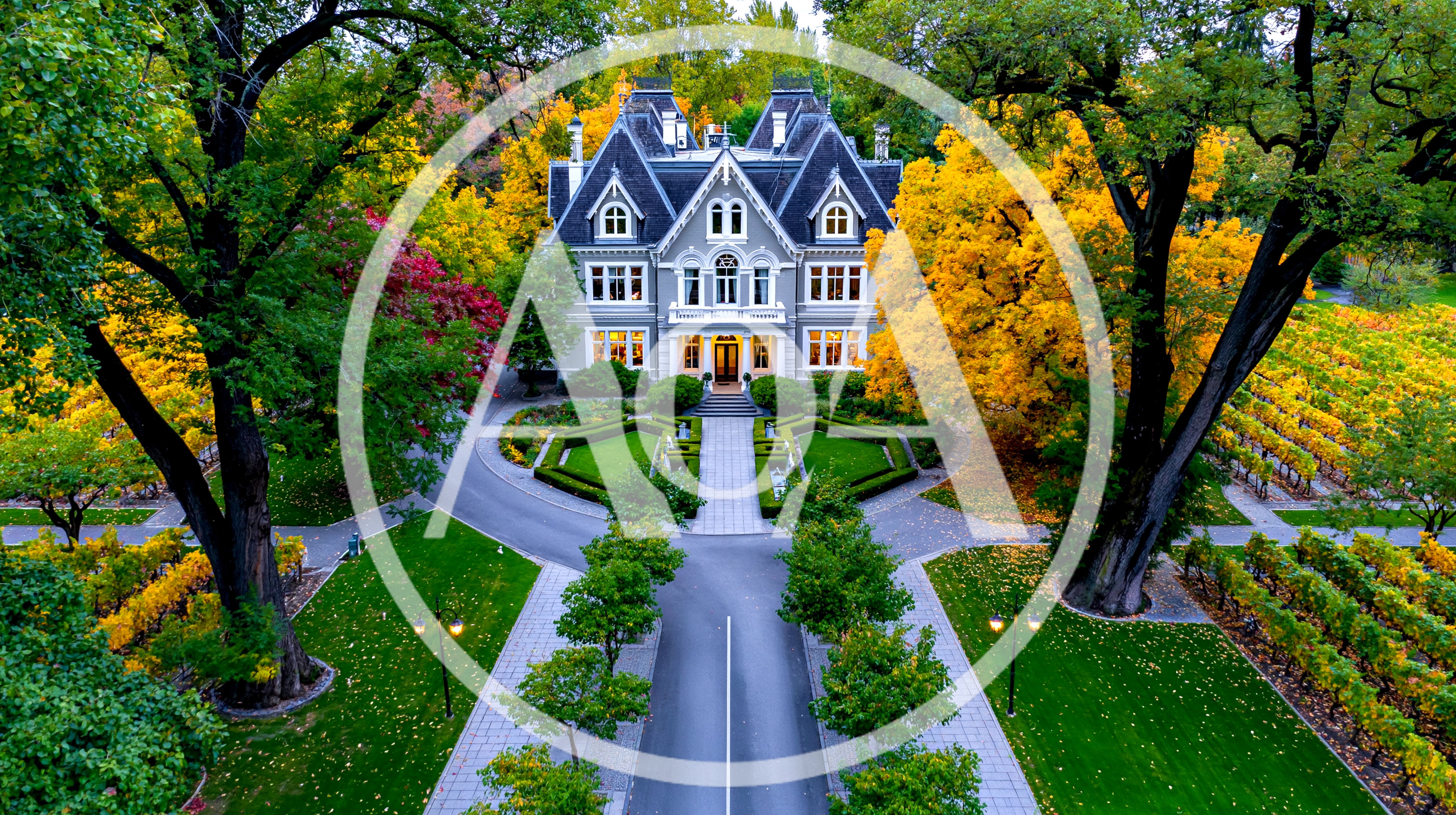 Aerial View Of A Grand Victorian Mansion In Autumn