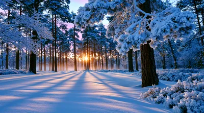 Winter Forest Landscape With Golden Sunset Light