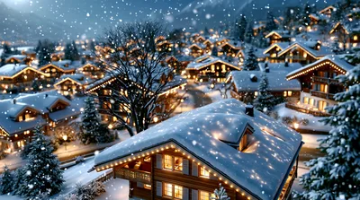 Snowy Alpine Village At Night With Christmas Lights