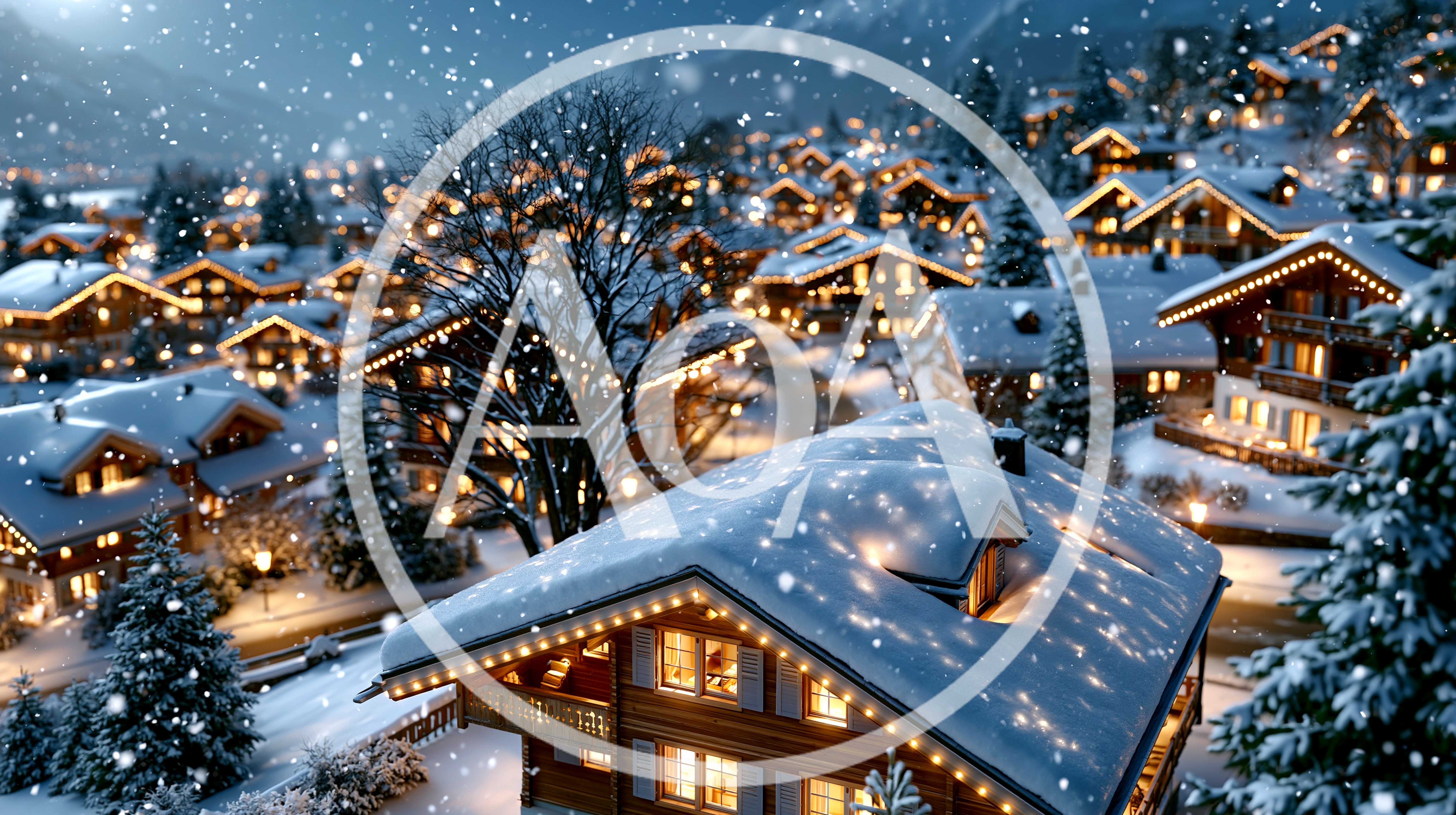 Snowy Alpine Village At Night With Christmas Lights