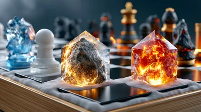 Fantasy Chess Board With Elemental Crystal Pieces