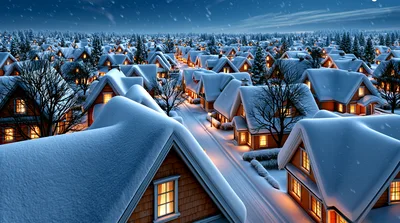 Aerial View Of A Snowy Suburban Neighborhood At Night