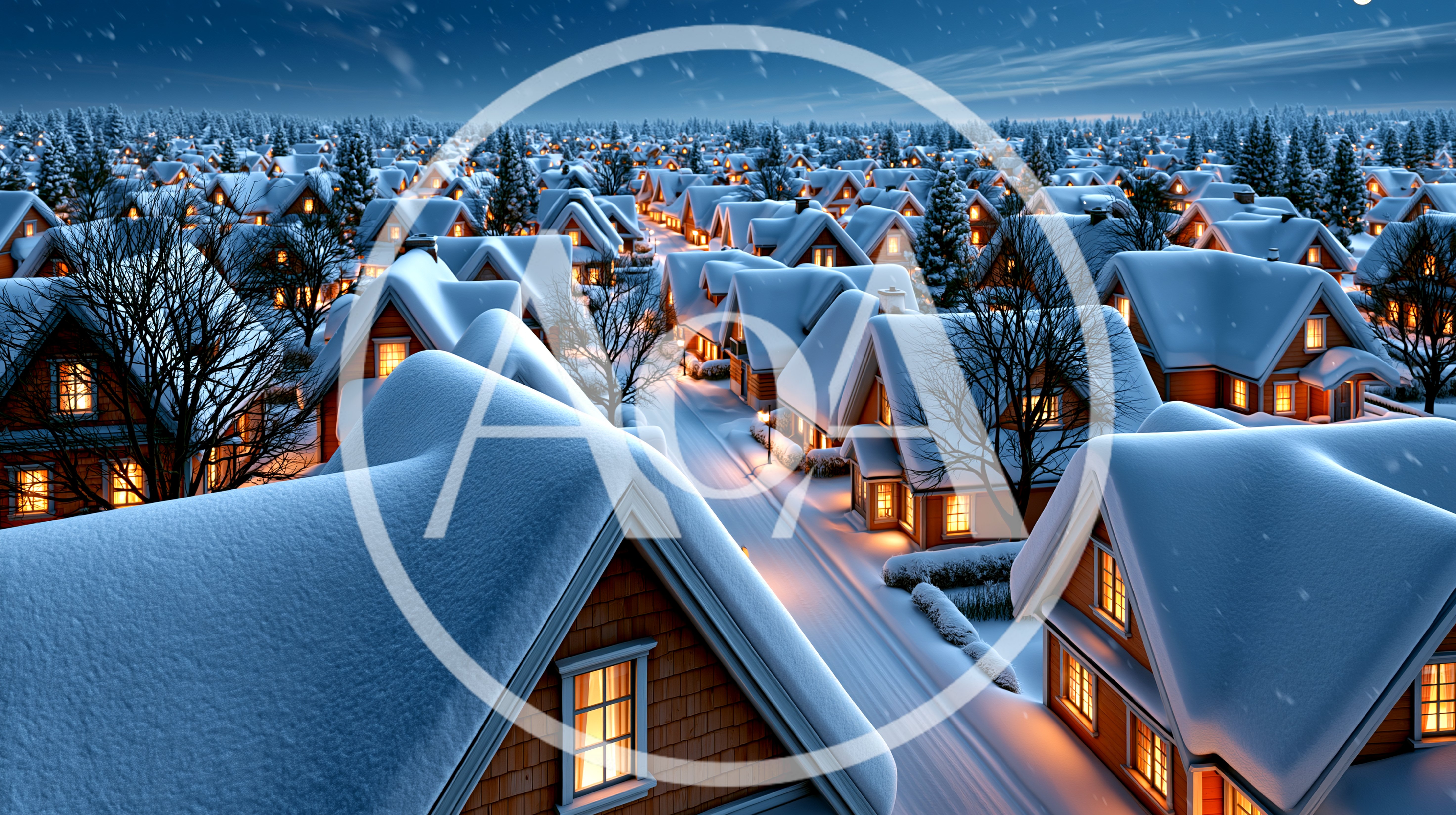 Aerial View Of A Snowy Suburban Neighborhood At Night