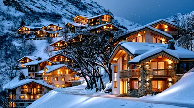 Cozy Alpine Village Chalets At Twilight