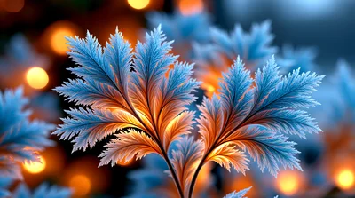 Abstract Fractal Frost Leaves With Glowing Bokeh Background