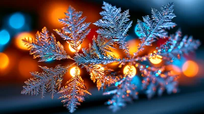 Macro Snowflake Crystal With Bokeh Christmas Lights