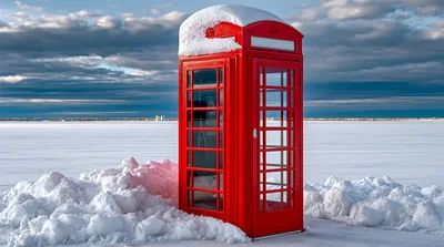Red British Telephone Box Standing In Snowy Landscape
