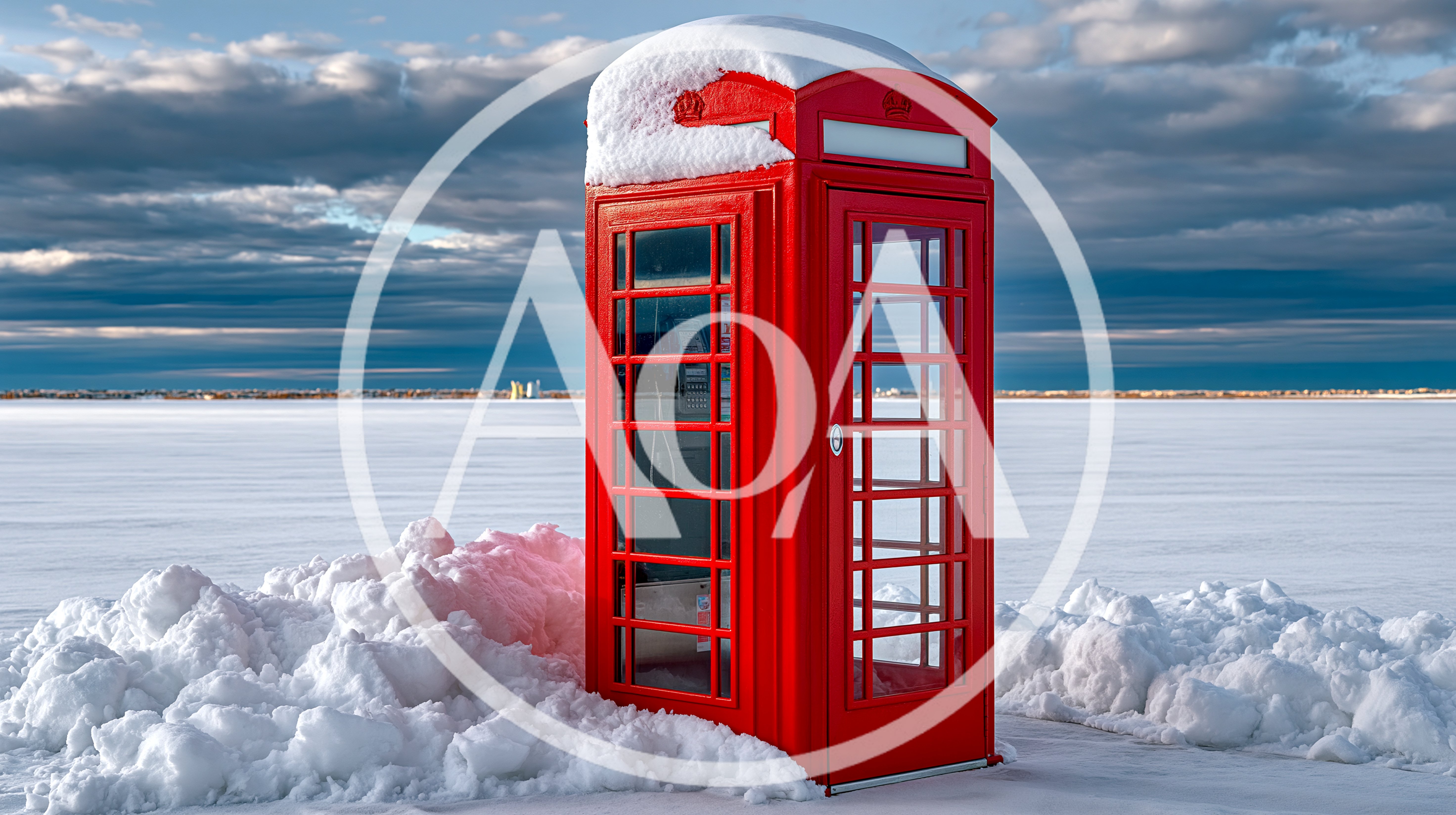Red British Telephone Box Standing In Snowy Landscape