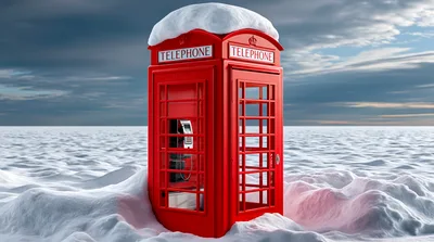 Red British Telephone Box In Snowy Landscape