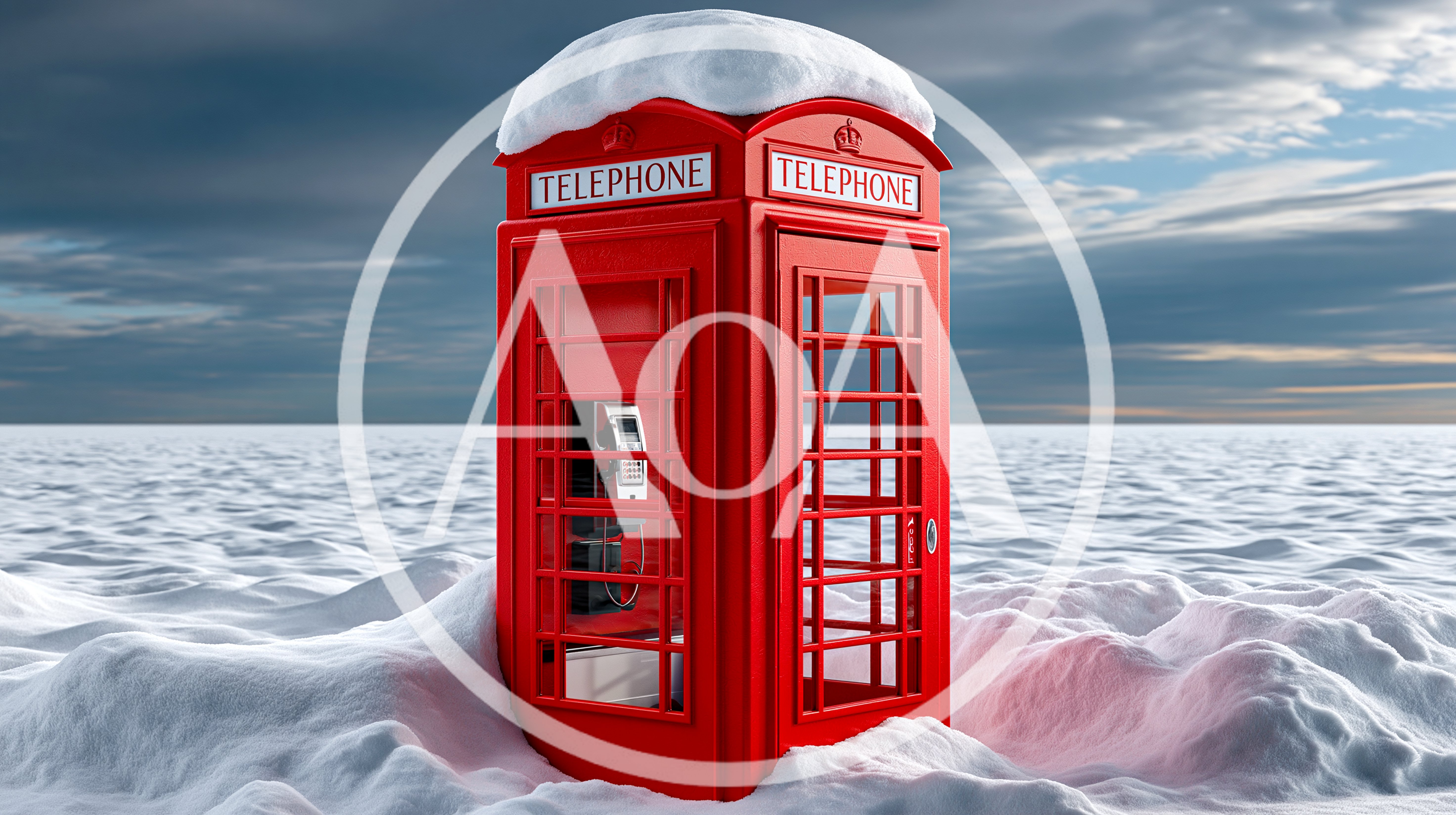 Red British Telephone Box In Snowy Landscape